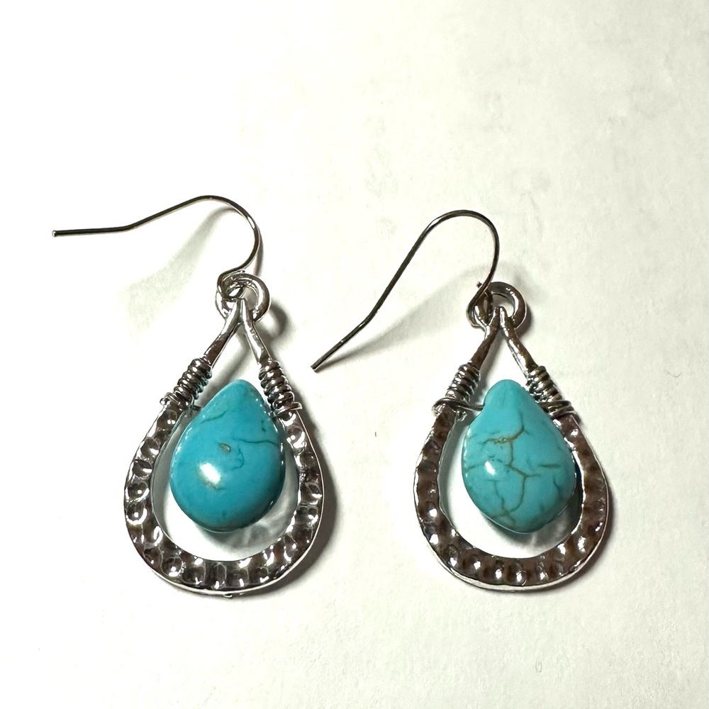 Teardrop Dangle Turquoise Silver Plated Earrings